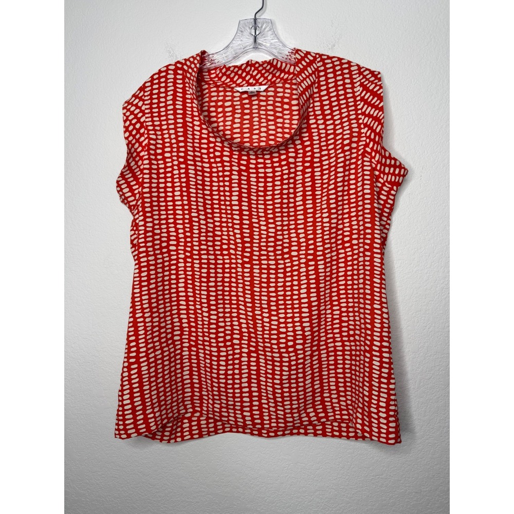Cabi Red Cream Abstract Dot Sleeveless Blouse High Neck‎ Top 294 Women's Size L
